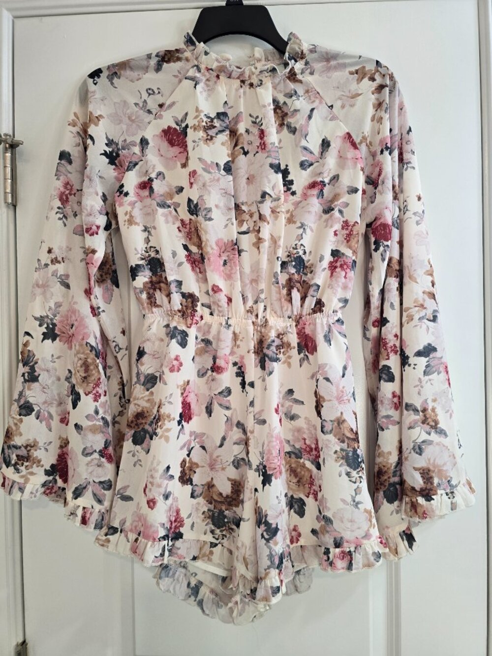 Shein Floral Open Back Romper With Long Bell Sleeves - Picture 4 of 10